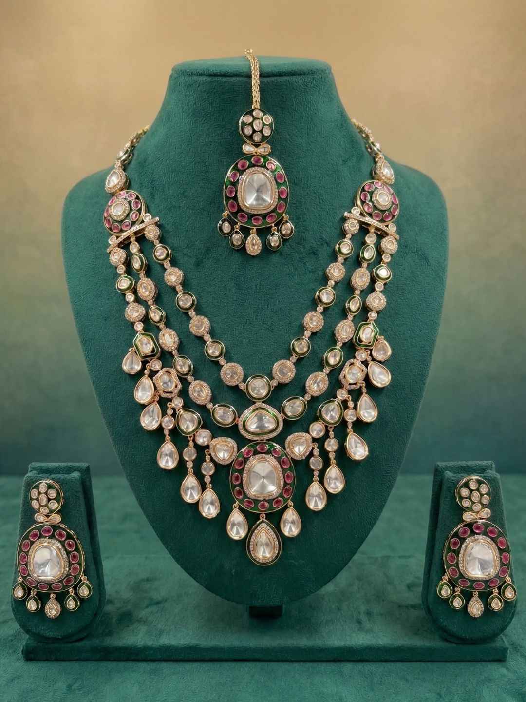 Designer Kundan Wedding Jewelry Set With Green Enamel | Traditional Bridal Jewellery Set Wiith Tikka