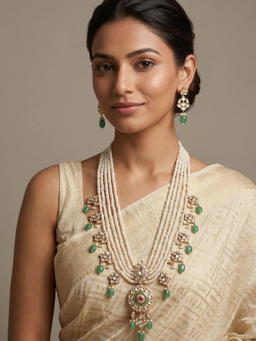 Multi Layer Real Pearl And Kundan Pendant Necklace Set With Green Drops | Bridal & Festive Ethnic Jewellery