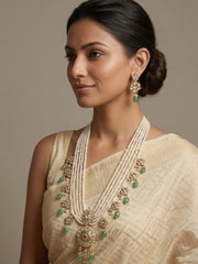 Multi Layer Real Pearl And Kundan Pendant Necklace Set With Green Drops | Bridal & Festive Ethnic Jewellery
