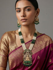 Designer Gautam Buddha Long  green beaded Temple Necklace Set | South Indian Temple Jewellery For Women