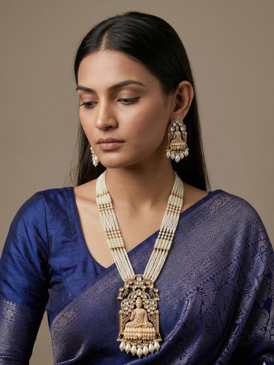 Designer Gautam Buddha Long pearls beaded  Temple Necklace Set | South Indian Temple Jewellery For Women