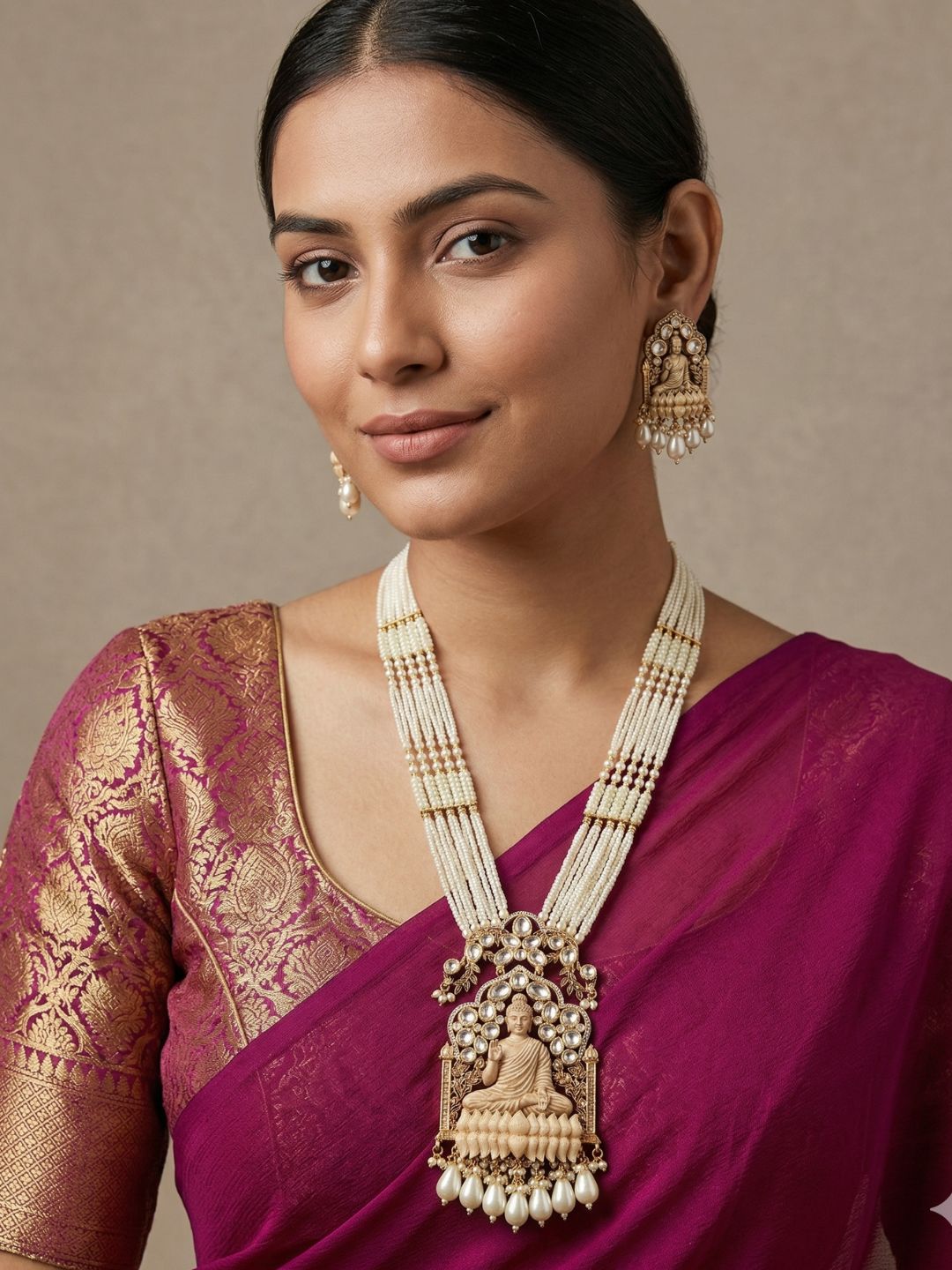 Designer Gautam Buddha Long Temple Necklace Set | South Indian Temple Jewellery For Women