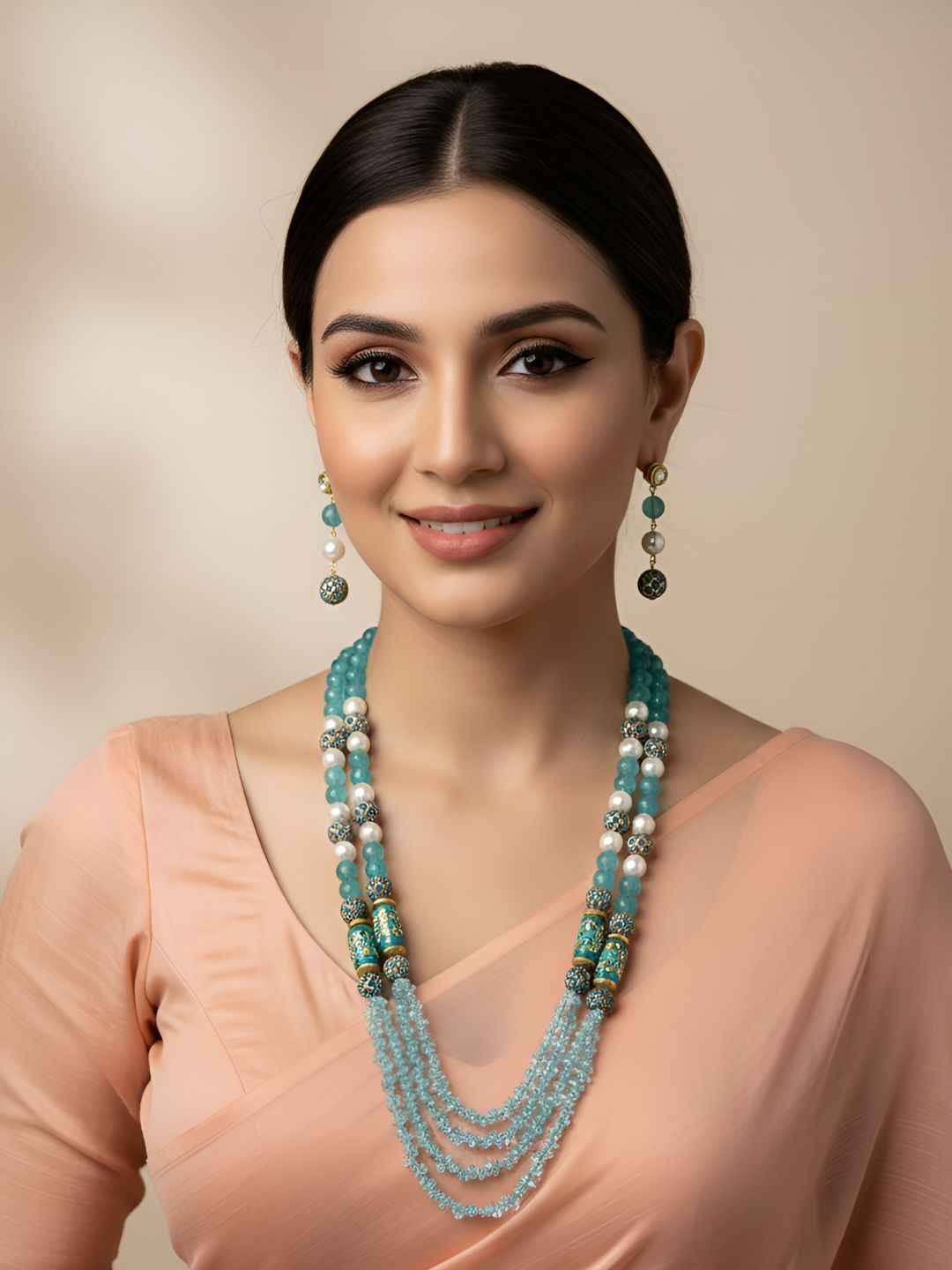 Designer Handcarfted Layered Blue Beaded Jewelley Set For Women - Gemstone Jewellery