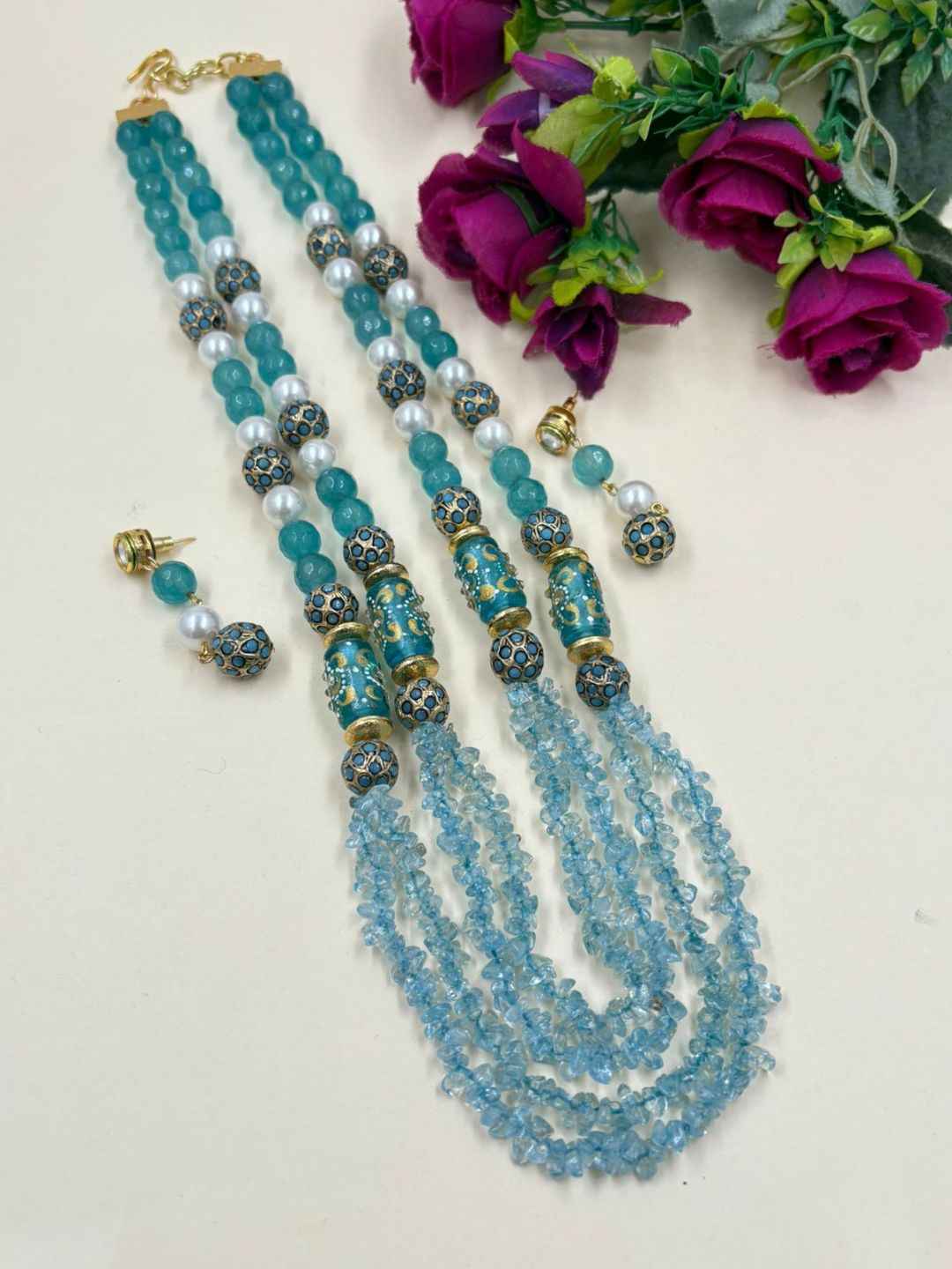 Designer Handcarfted Layered Blue Beaded Jewelley Set For Women - Gemstone Jewellery