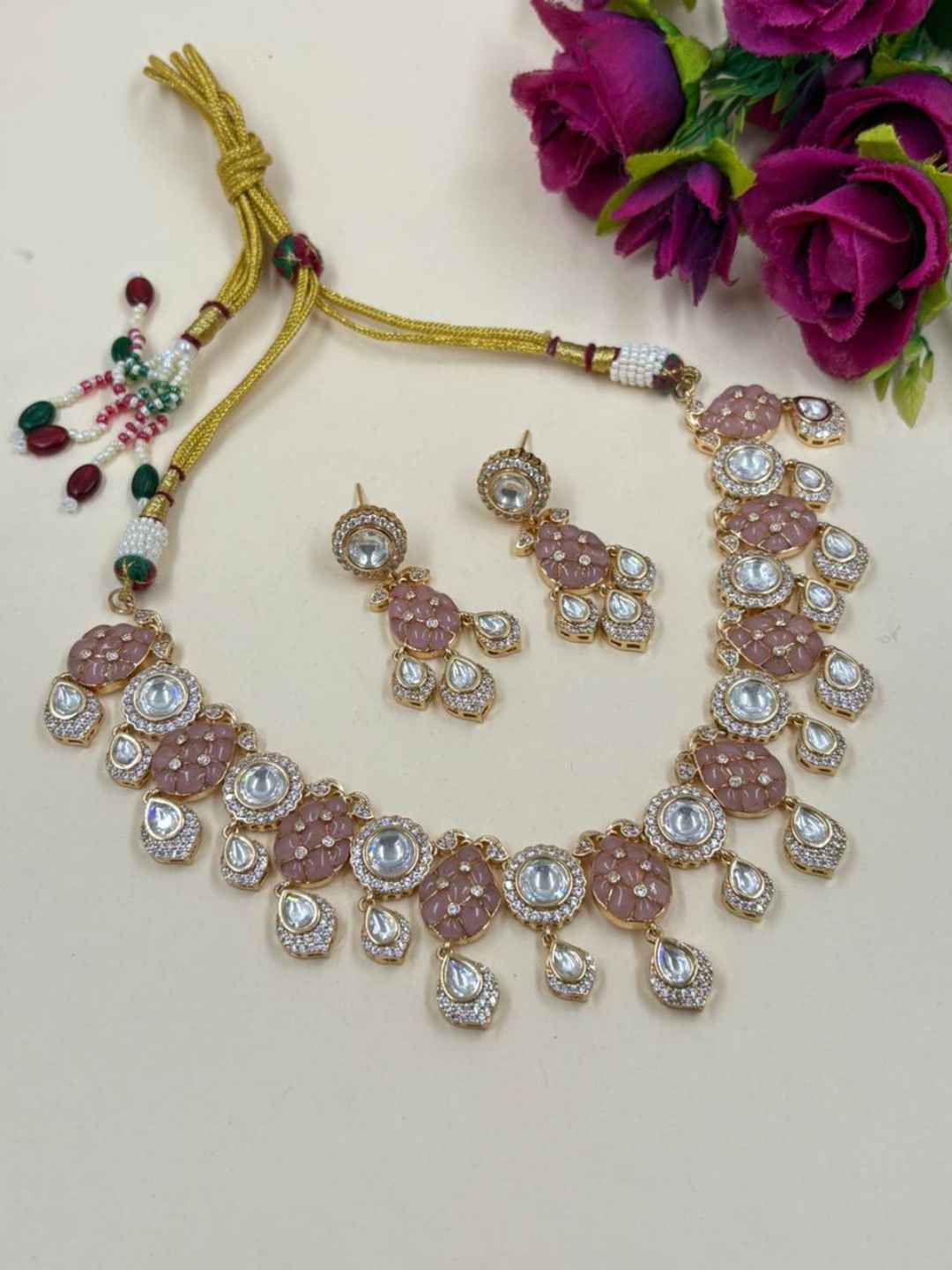 Elegant Gold Plated Pink Kundan Polki Jewellery Necklace Set For Women