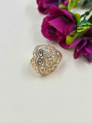 Rose Gold Plated Triangular Shape Kundan Ring For Women - Ehnic Finger Ring