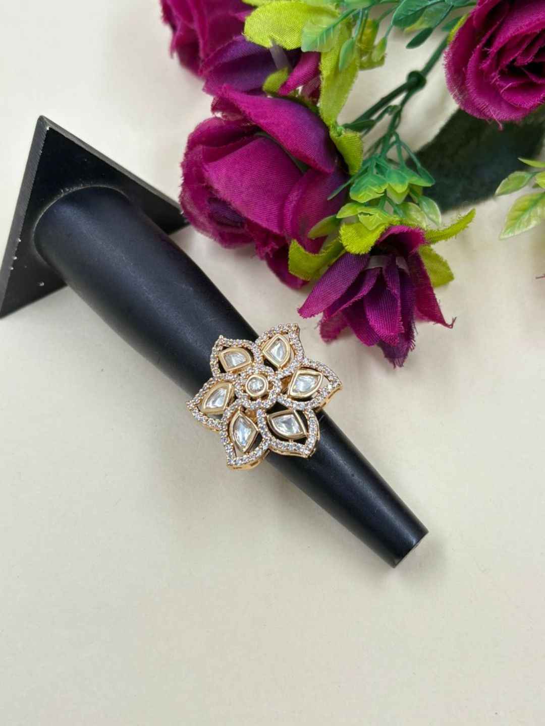 Beautiful Floral Design Polki Ring For Women - Designer Kundan Ring