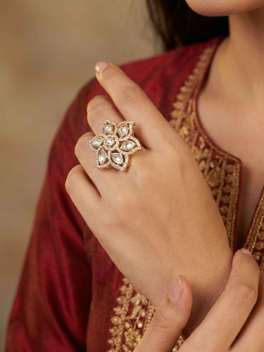 Beautiful Floral Design Polki Ring For Women - Designer Kundan Ring