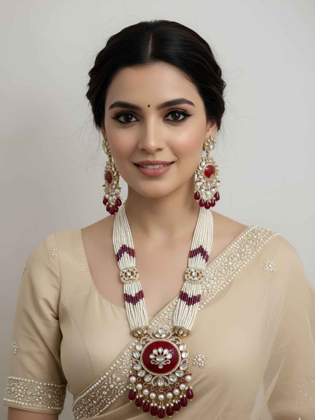 Traditional Long Kundan Necklace Set With Pearl Strands - Luxury Wedding Jewellery