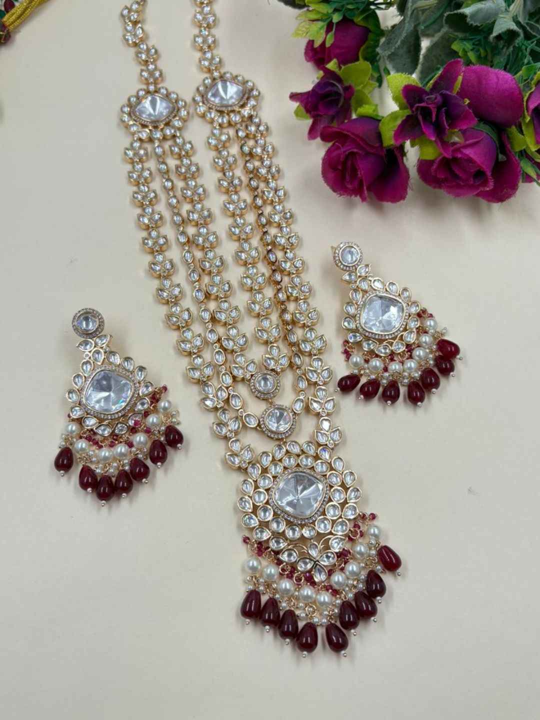 Designer Long Layered Polki Necklace Set With Pendant - Luxury Wedding Polki Jewellery Set