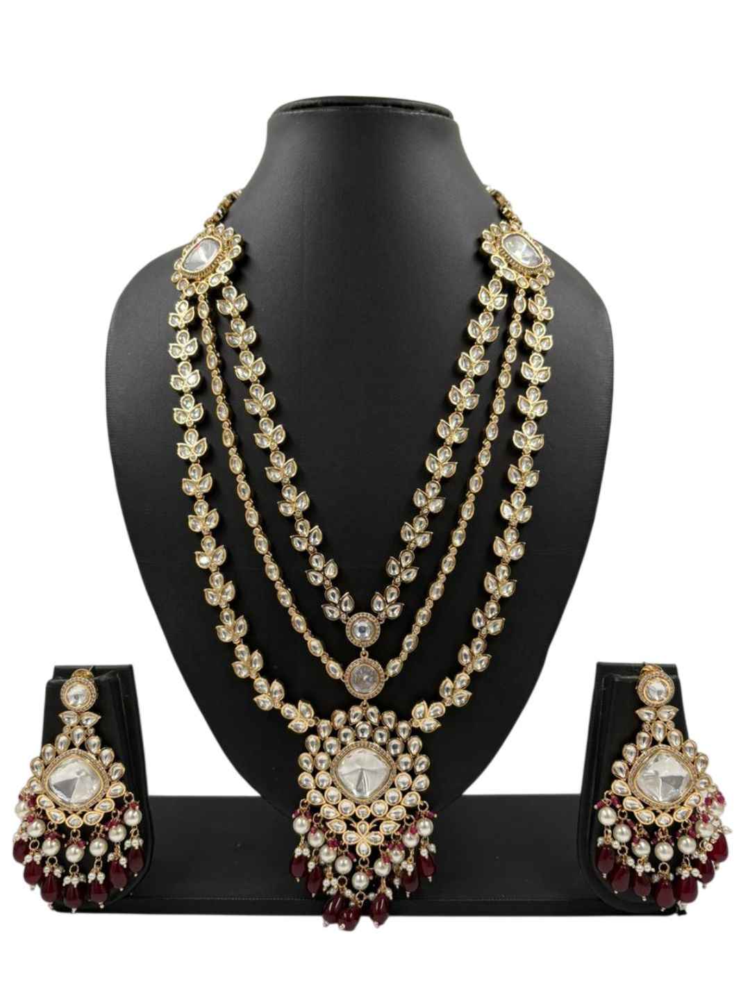 Designer Long Layered Polki Necklace Set With Pendant - Luxury Wedding Polki Jewellery Set