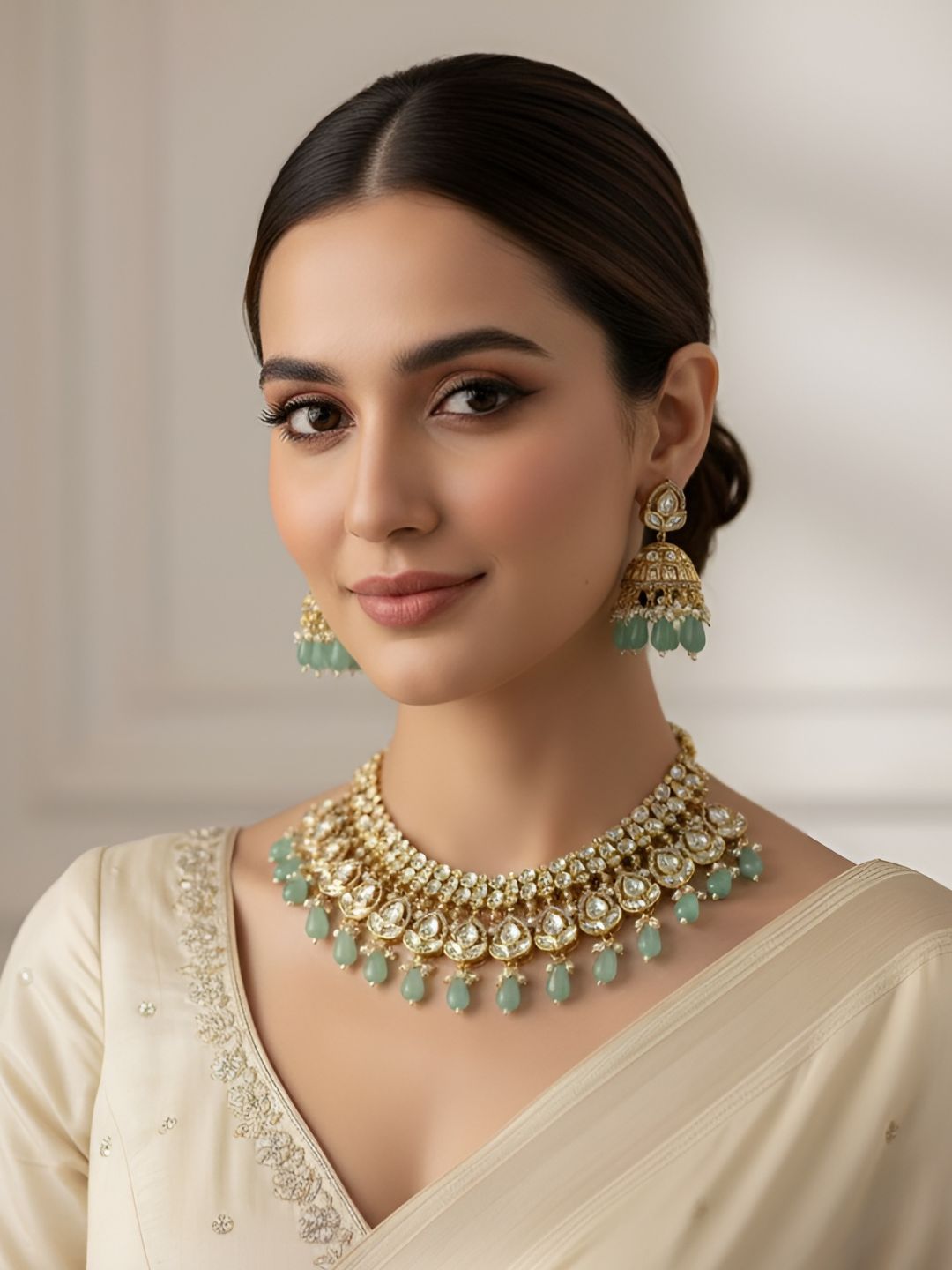 Mrunal Designer Mint Green Bridal Polki Necklace Set By Gehna Shop