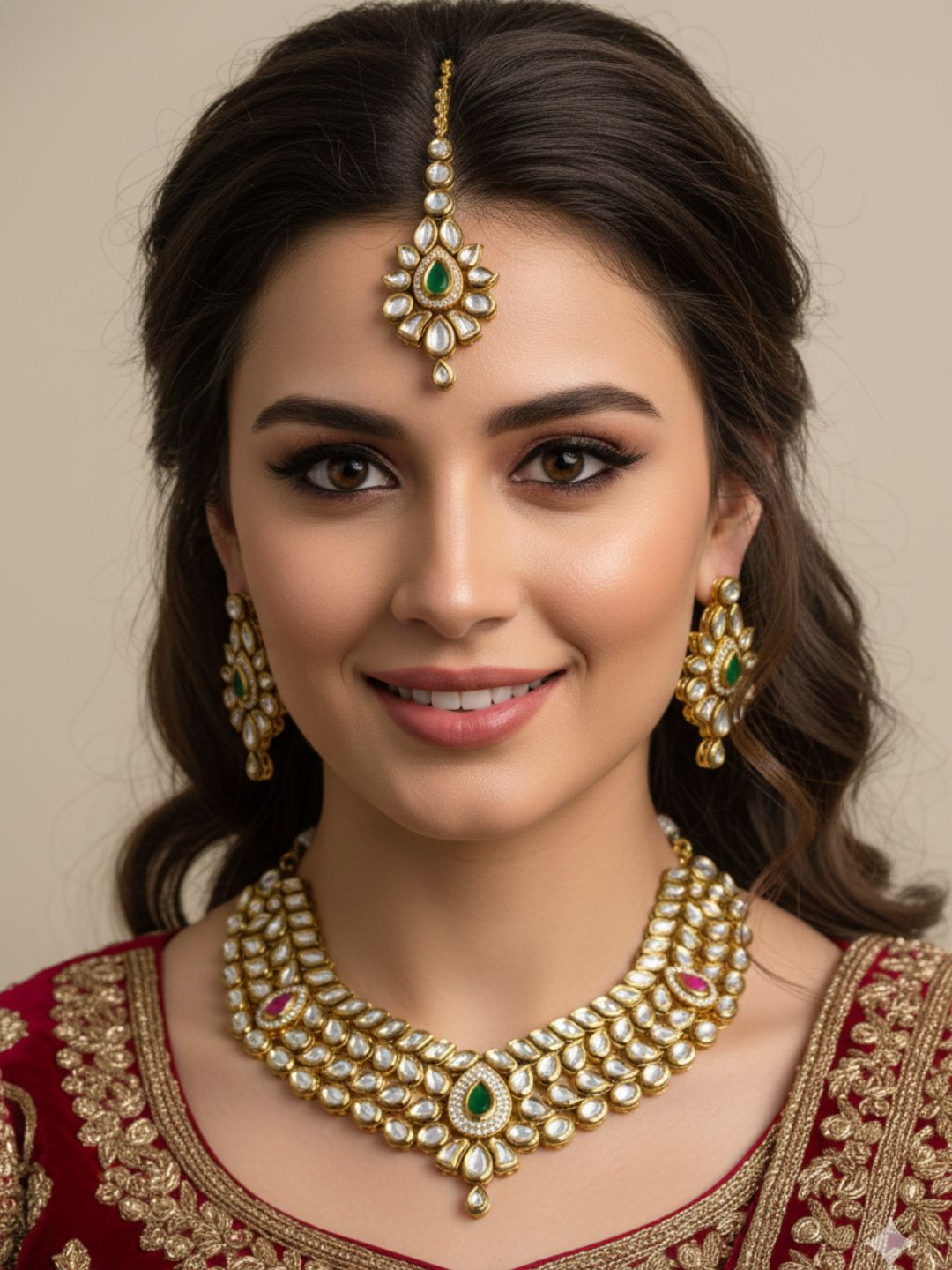 Shrishti Gold Plated Bridal Kundan Necklace Set With Tikka - Wedding Jewellery Set