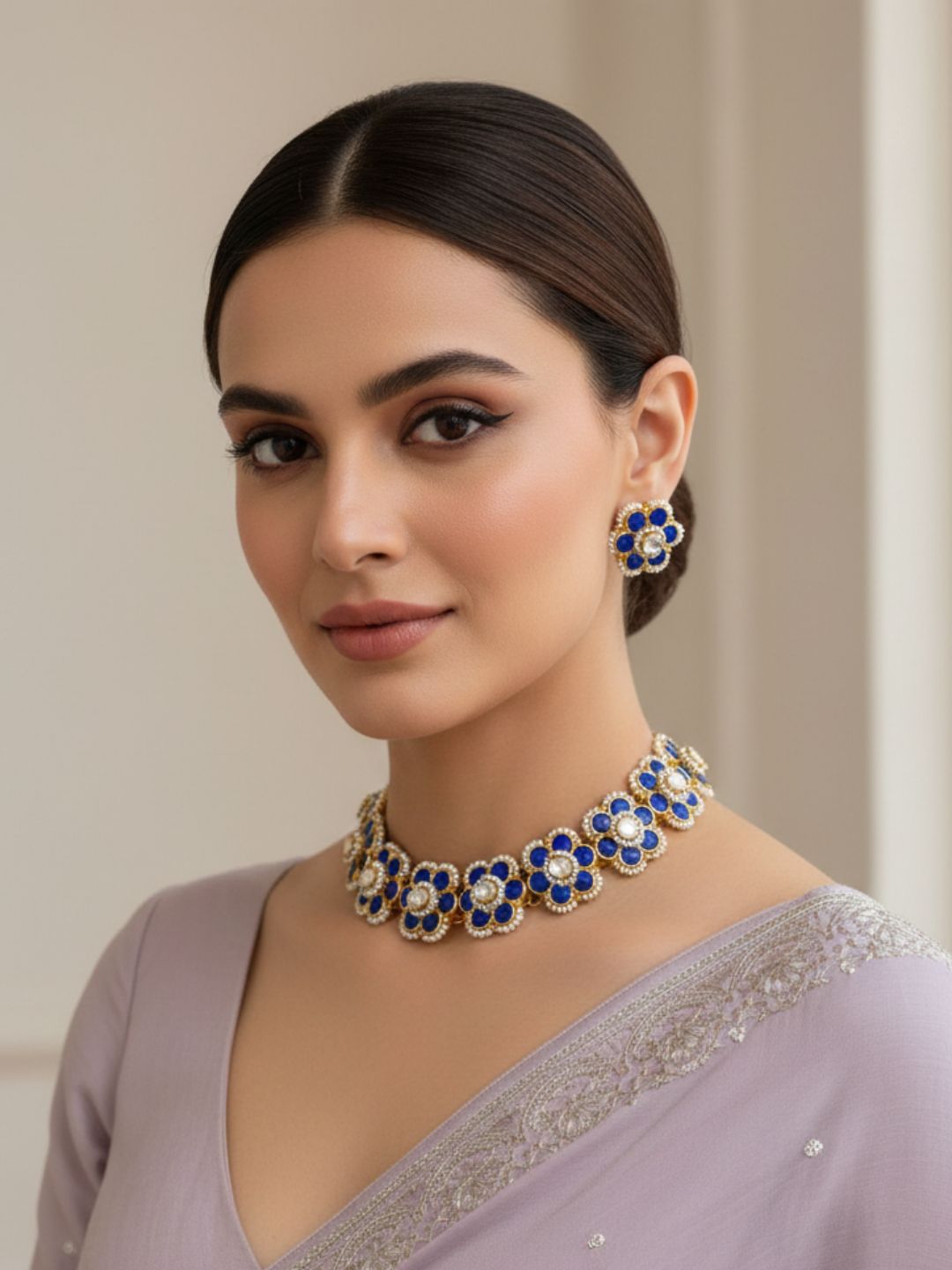 Beautiful Flower Design Blue Statement Choker Necklace Set