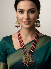 Antique Victorian Lakshmi Devi Pendant Haram Necklace Set With Layered Natural Beads -  Temple Jewelry