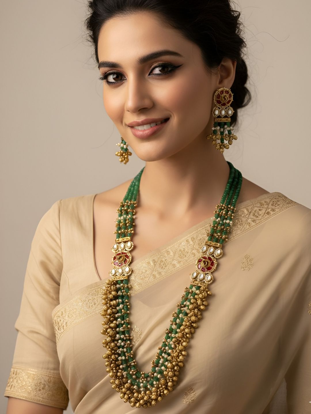 Designer Long Layered Green Beads Necklace With Ghungroo And Kundan Brooches