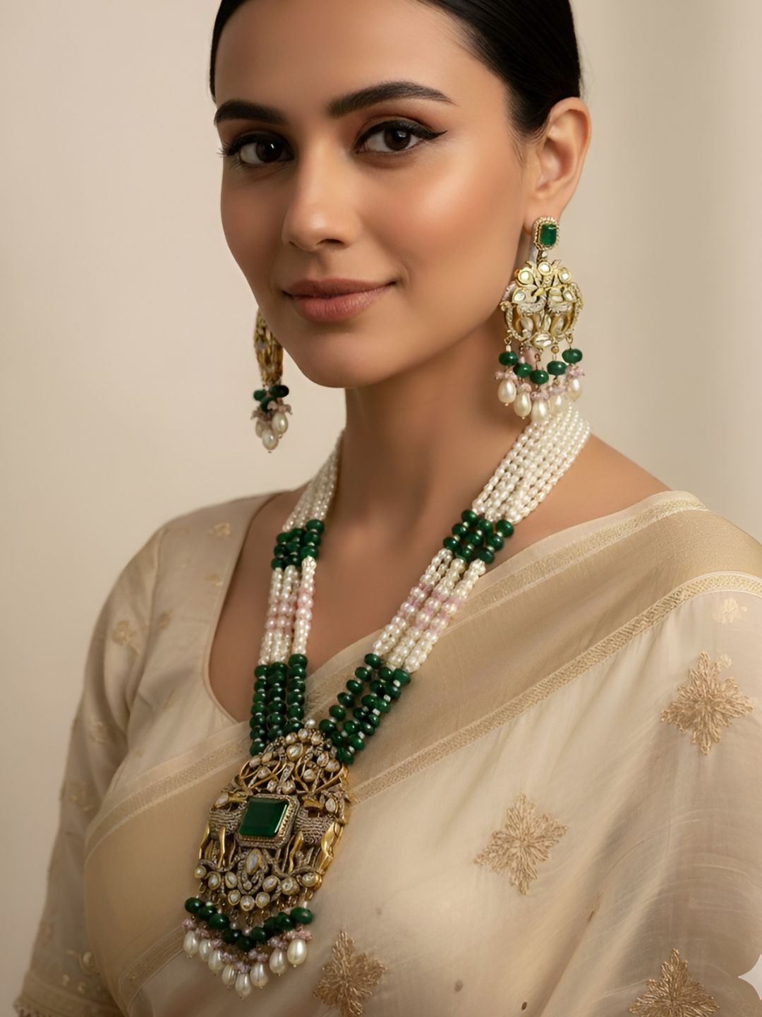 Designer Antique Victorian Long Beaded Jewellery Necklace Set With Dear Pendant