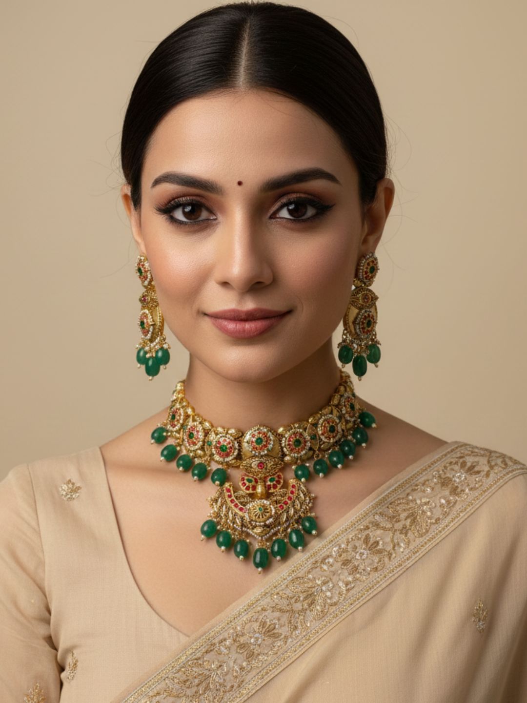 Meenakshi Jadau Antique Golden Peacock Design Choker Necklace Set For Weddings