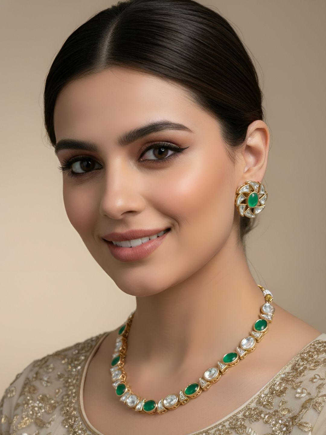 Simple And Elegant Single Line emerald green Kundan Necklace Set - Festive Kundan Jewellery