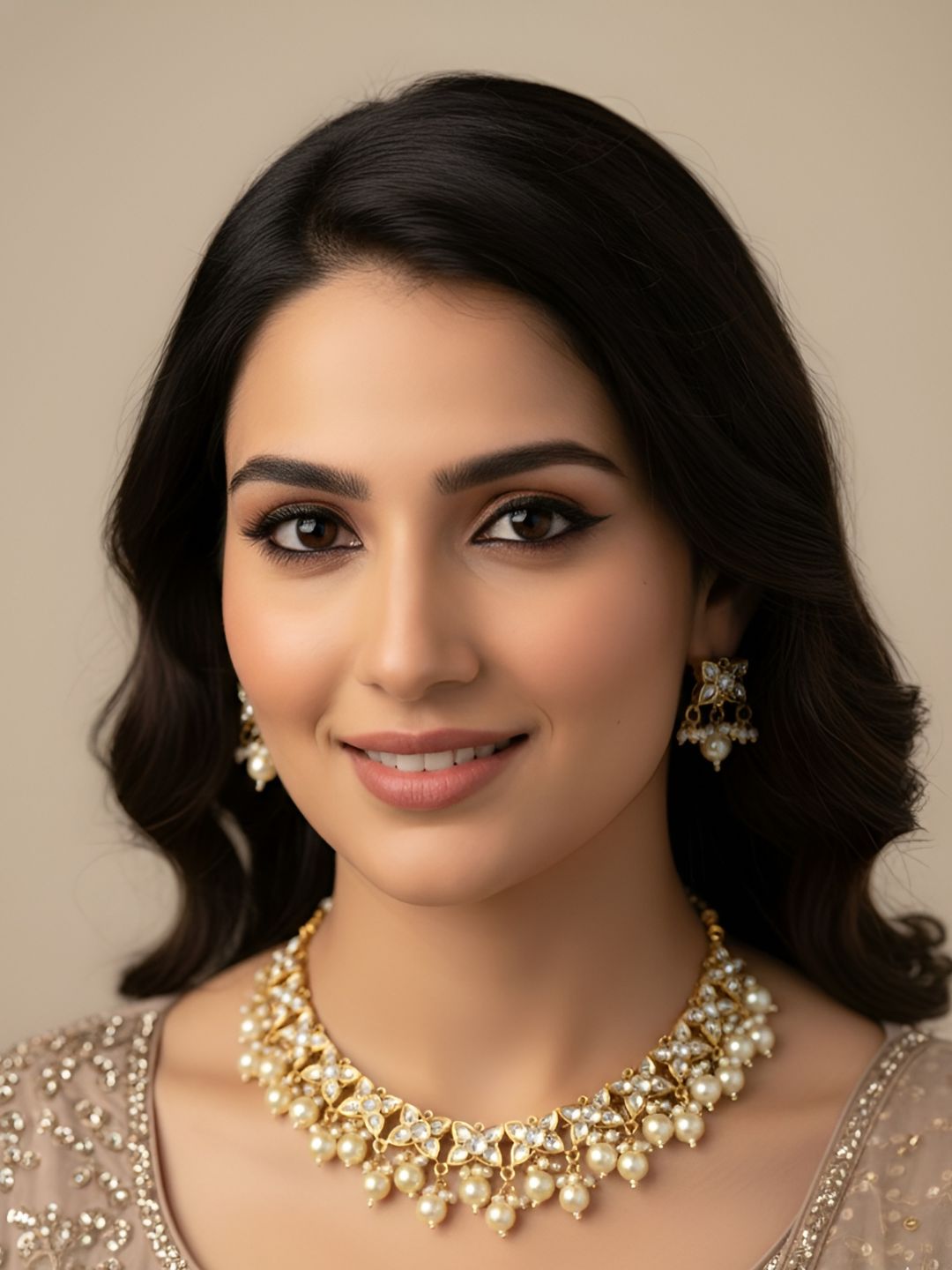 Bhavya Simple Polki And Pearls Party Wear Necklace Set By Gehna Shop