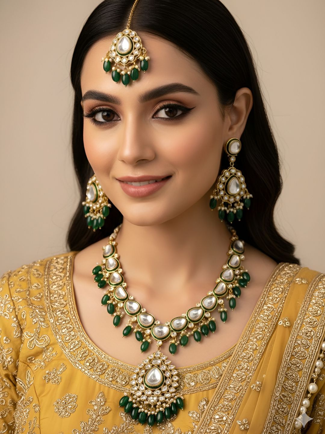 Maahira Designer Long Green Kundan Wedding Necklace Set With Tikka - Traditional Jewelry