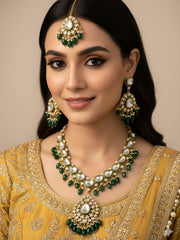 Maahira Designer Long Green Kundan Wedding Necklace Set With Tikka - Traditional Jewelry
