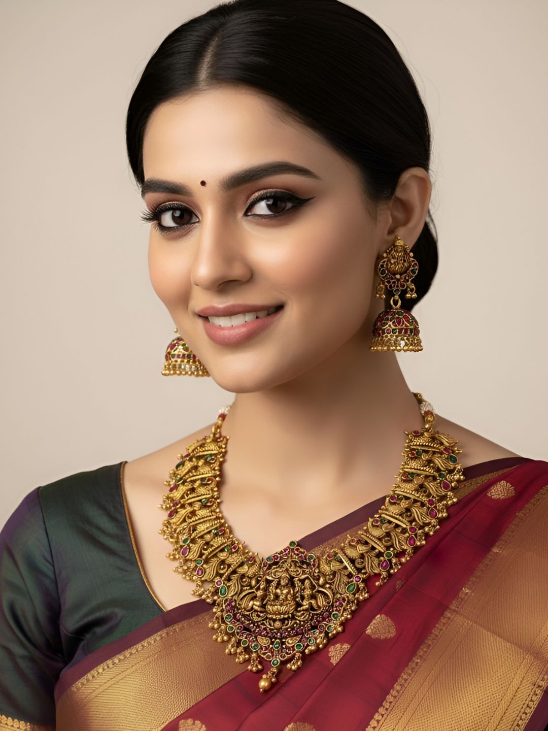 Gold Plated Goddess Lakshmi Temple Necklace Set - Wedding And Festive Wear Temple Jewelry