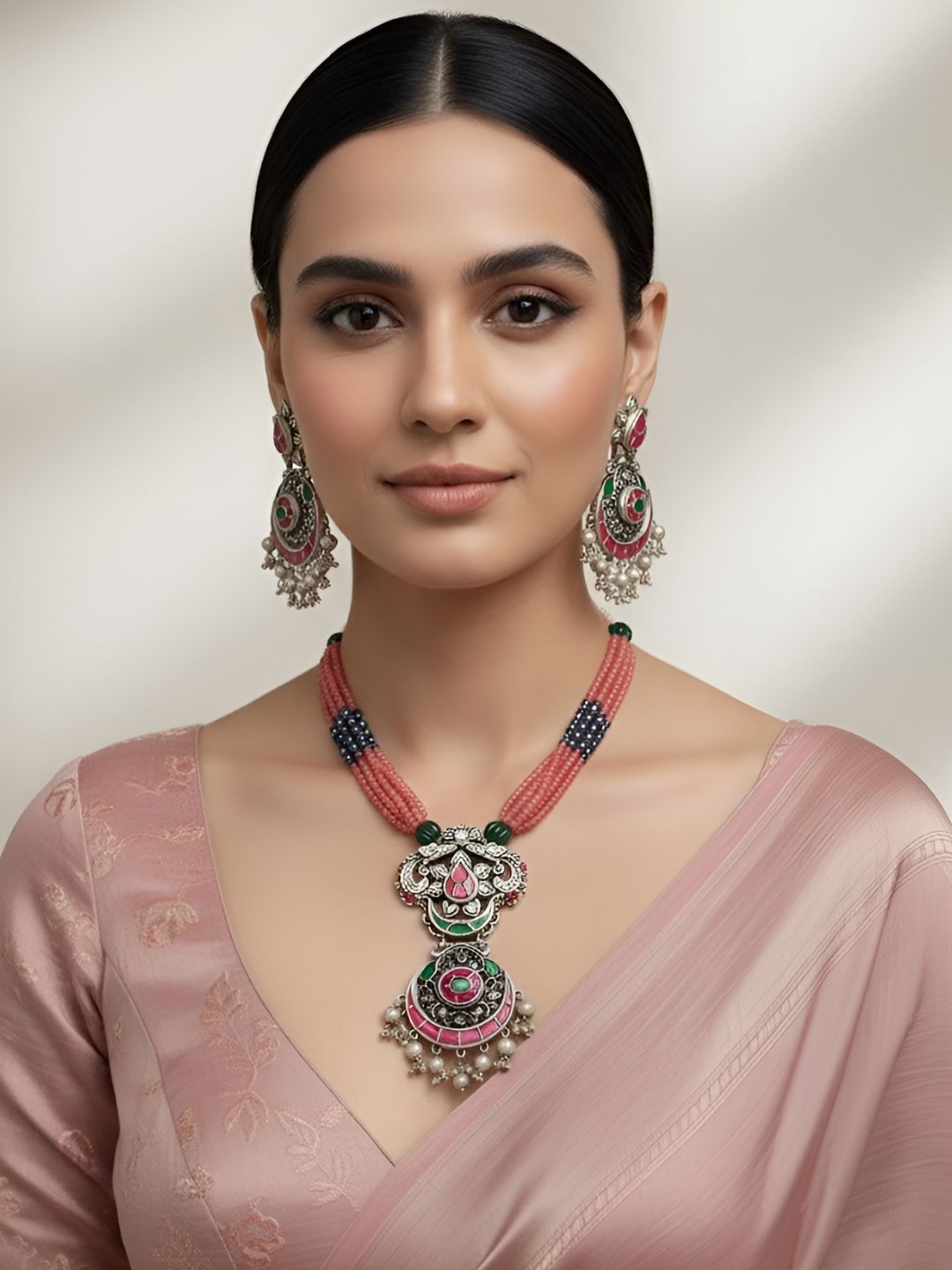 Silver Plated Studded Kemp Stones Long Nakshi Necklace Jewelry Set