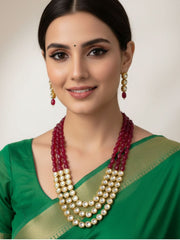 Vaibhavi Long Triple Layer Kundan And Maroon Beads Necklace Set For Women
