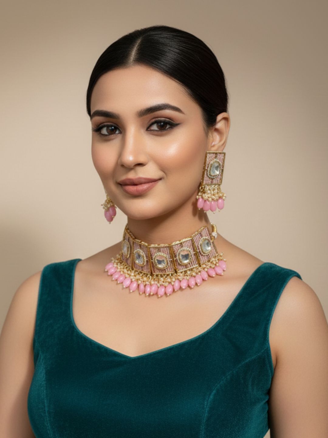 Designer Victorian Polki Kundan Statement Beaded Choker Necklace Set For Women