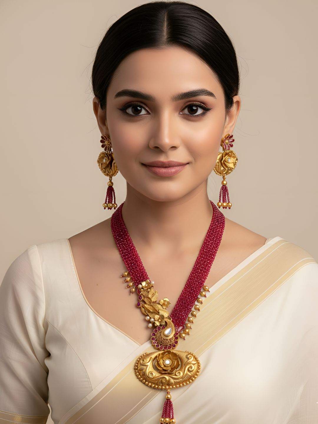 Traditional Handcrafted Antique Golden Pendant Necklace With Pink Beads