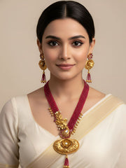 Traditional Handcrafted Antique Golden Pendant Necklace With Pink Beads