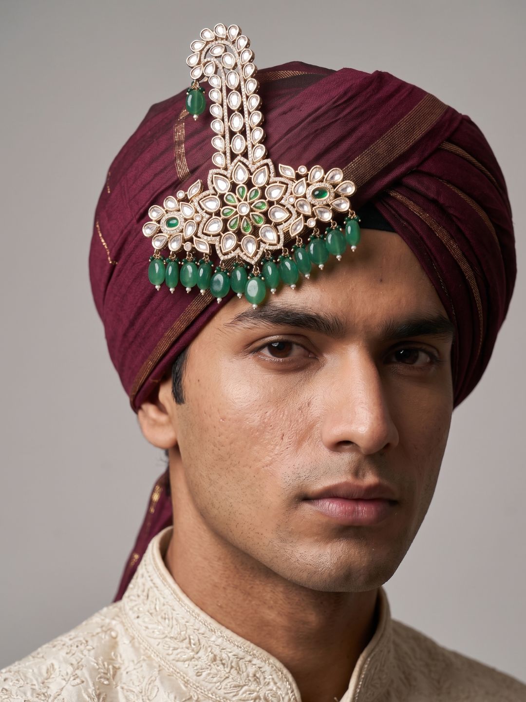 Royal Look Maharaja green beaded studded Polki kundan Kalangi For Grooms | Safa Kalgi For Men | Turban Brooch