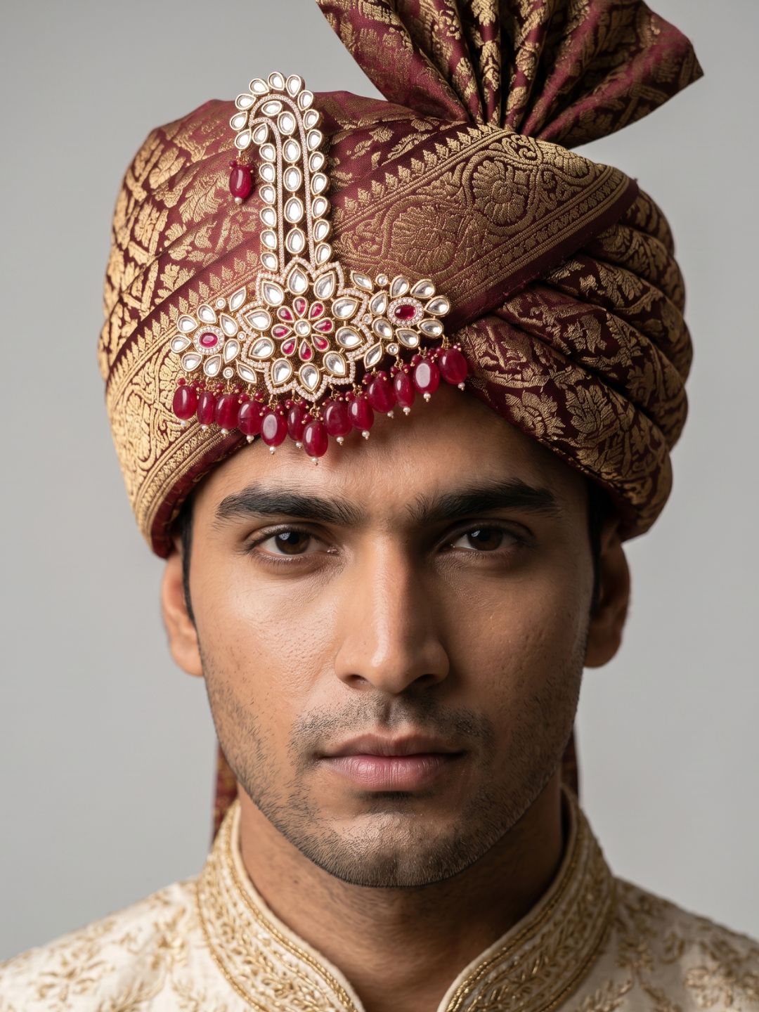 Royal Look Maharaja red beaded studde Polki Kalangi For Grooms | Safa Kalgi For Men | Turban Brooch