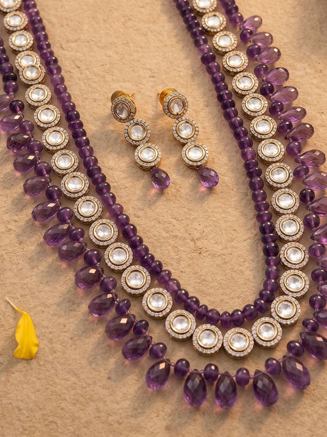 Elegant Kundan & Natural Amethyst Beaded Necklace Set For Women | Purple Jewellery Set