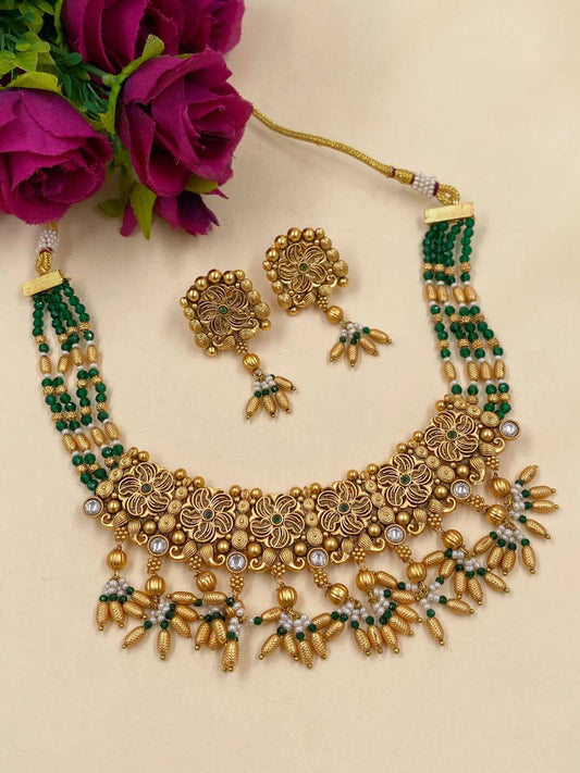 Shivali Floral Design Short Antique Jewellery Necklace Set For Parties Antique Golden Necklace Sets