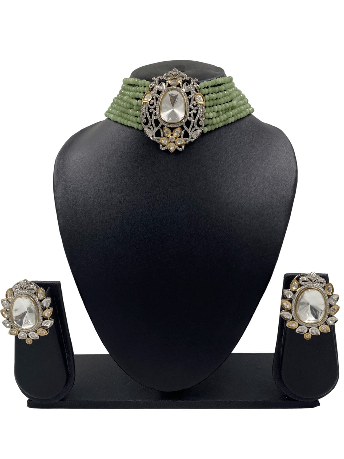Silver Plated AD Kundan With Mint Green Beads Choker Necklace Set By Gehna Shop Choker Necklace Set