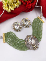 Silver Plated AD Kundan With Mint Green Beads Choker Necklace Set By Gehna Shop Choker Necklace Set