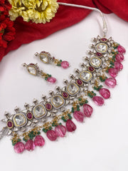 Silver Plated Modern AD Kundan Victorian Choker Necklace Set For Women By Gehna Shop Victorian Necklace Sets