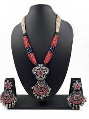 Silver Plated Studded Kemp Stones Long Nakshi Necklace Jewelry Set Pendant Necklace Set