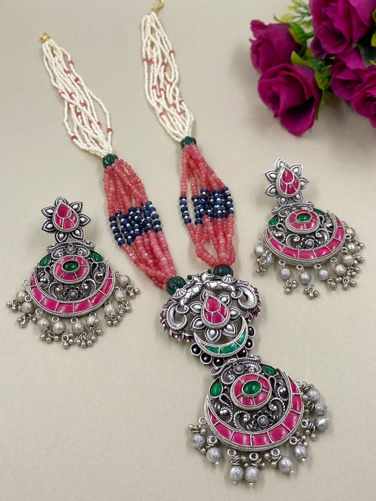 Silver Plated Studded Kemp Stones Long Nakshi Necklace Jewelry Set Pendant Necklace Set