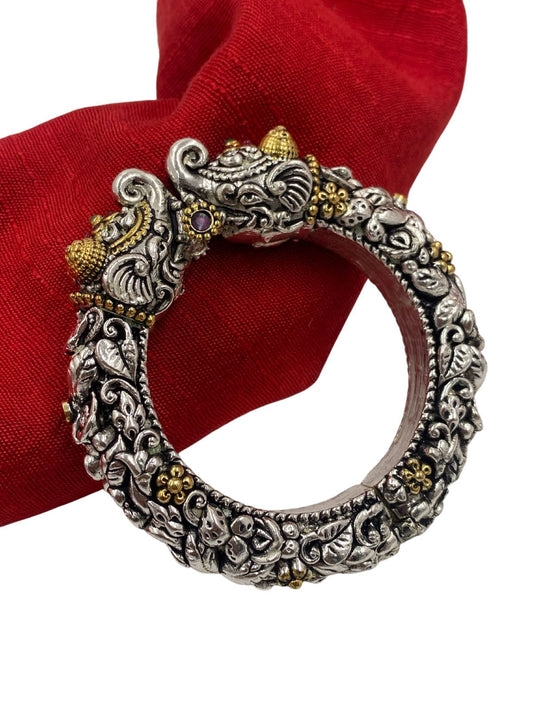 Silver Plated Two Tone Polish Nakshi Elephant Head Silver Kada Bracelet By Gehna Shop Bracelets