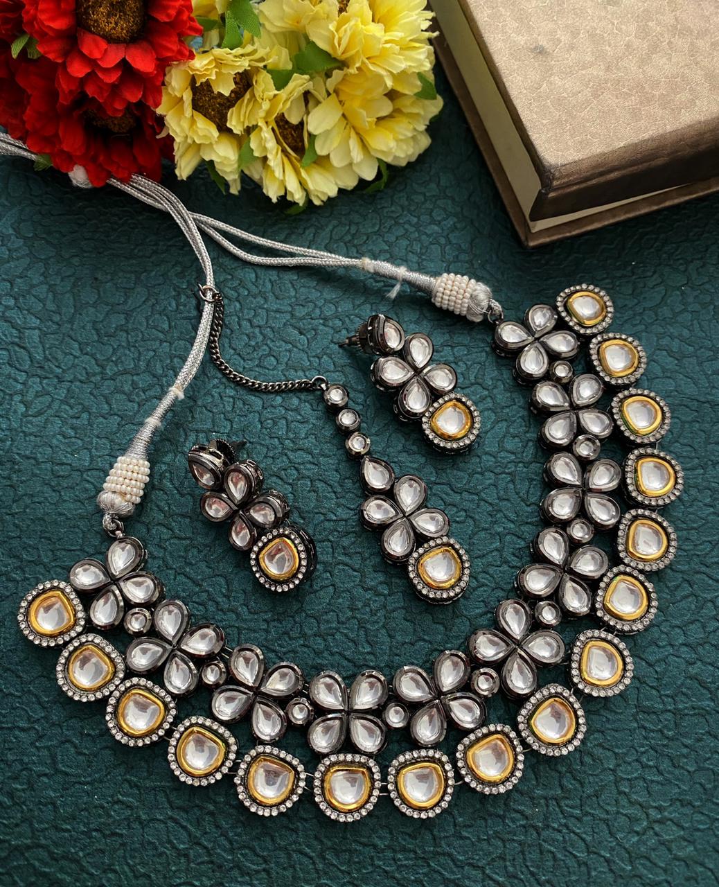 Silver Toned Victorian Oxidised Polki Kundan Necklace Set For Ladies By Gehna Shop Victorian Necklace Sets