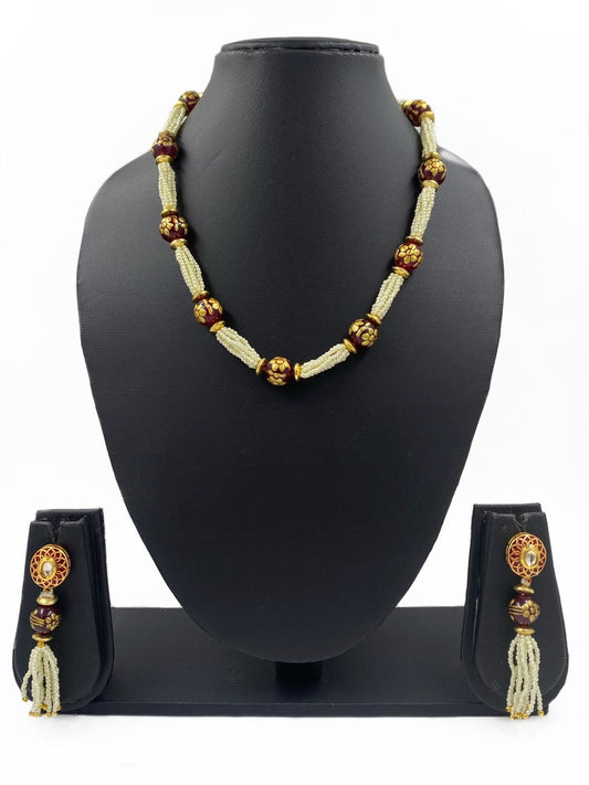 Simple Pearl And Maroon Tanjore Beads Necklace Set For Women By Gehna Shop Beads Jewellery