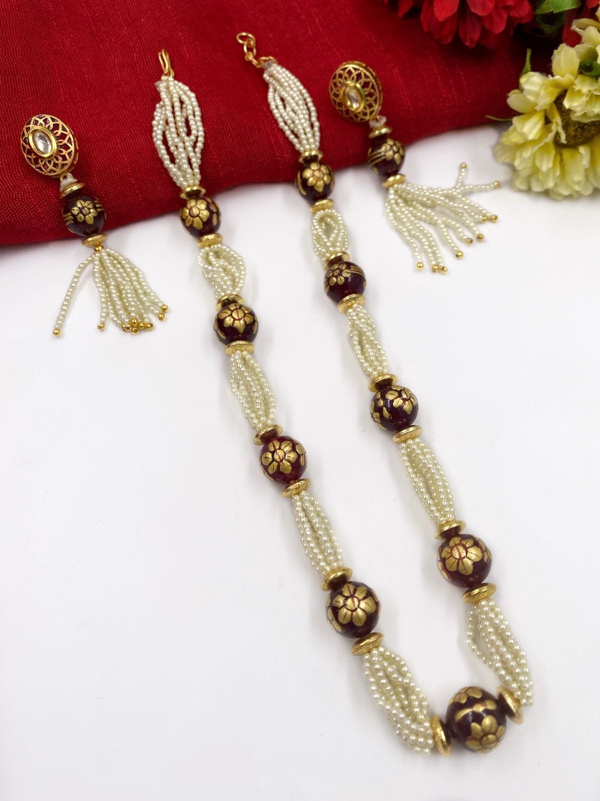 Simple Pearl And Maroon Tanjore Beads Necklace Set For Women By Gehna Shop Beads Jewellery