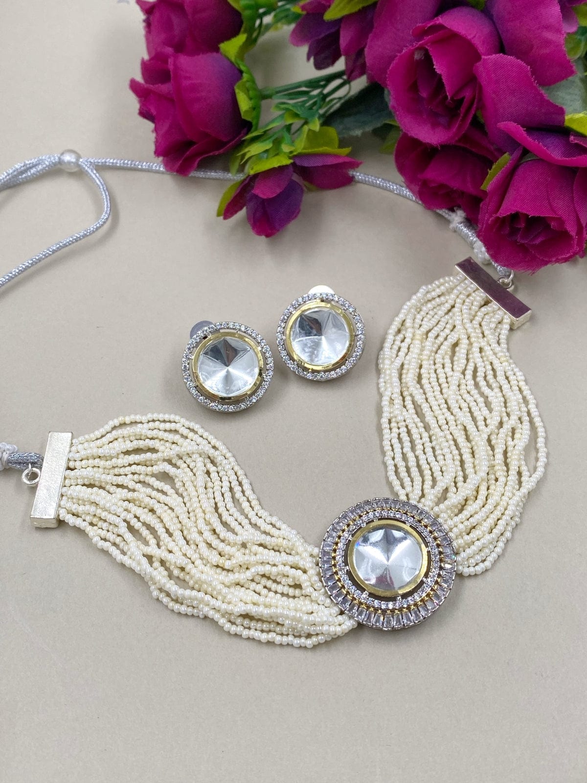 Simple Polki Kundan Pearl Choker Set Victorian Necklace Sets