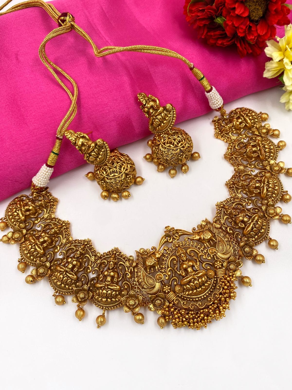South Indian Antique Gold Plated Goddess Lakshmi Bridal Temple Necklace Set By Gehna Shop Bridal Necklace Sets