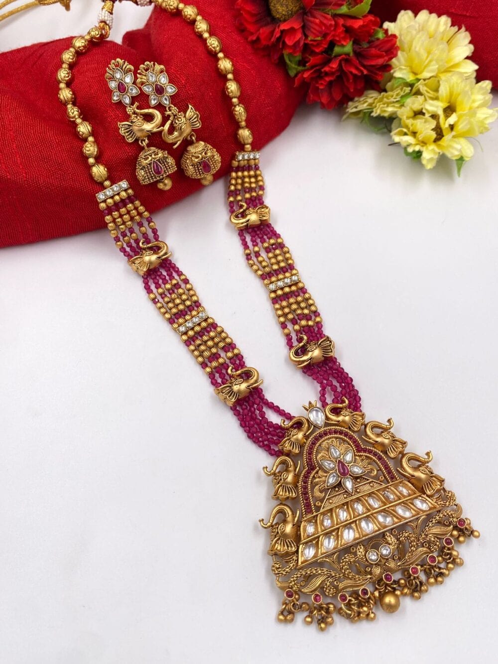 South Indian Antique Long Temple Necklace Set For Ladies By Gehna Shop Temple Necklace Sets