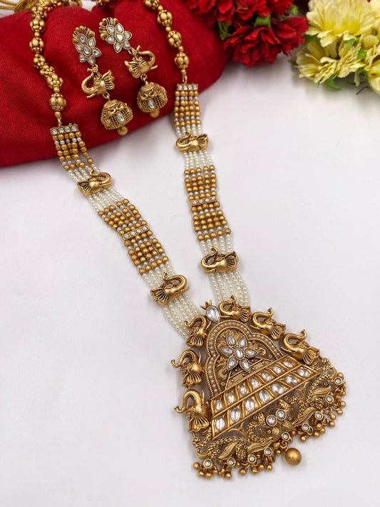 South Indian Antique Long White Temple Necklace Set For Ladies By Gehna Shop Temple Necklace Sets