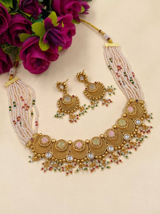 Surbhi Gold Plated Antique Short Necklace Set For Women Antique Golden Necklace Sets